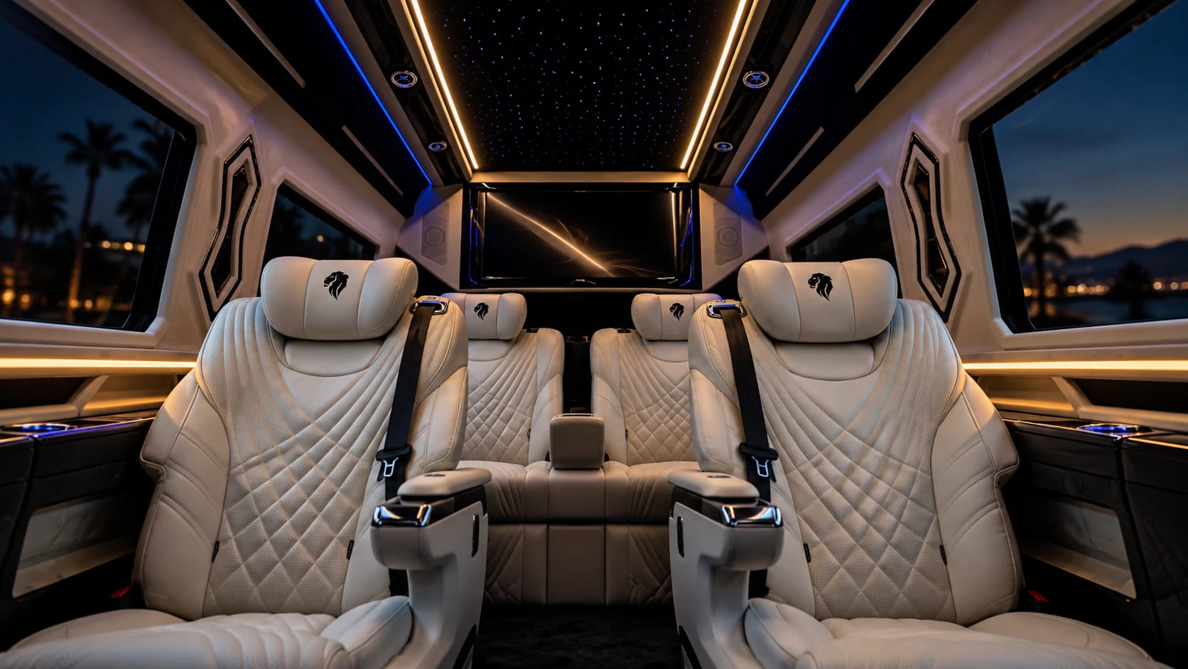 V-Protect VIP interior with white captain seats, a starlight ceiling and ambient lighting