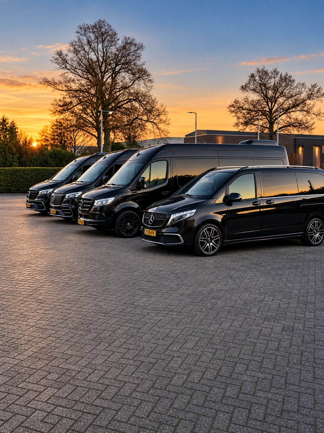 A lineup of black vehicles at sunset